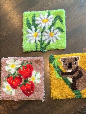 3 Vintage Hook-a-Rug Squares: Koala, Daisies, Strawberries 1970s
